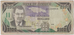 Банкнота. Ямайка. 100 долларов 1987 год. Тип 74.