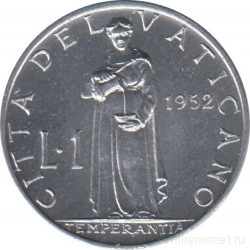 Монета. Ватикан. 1 лира 1952 год. Умеренность.