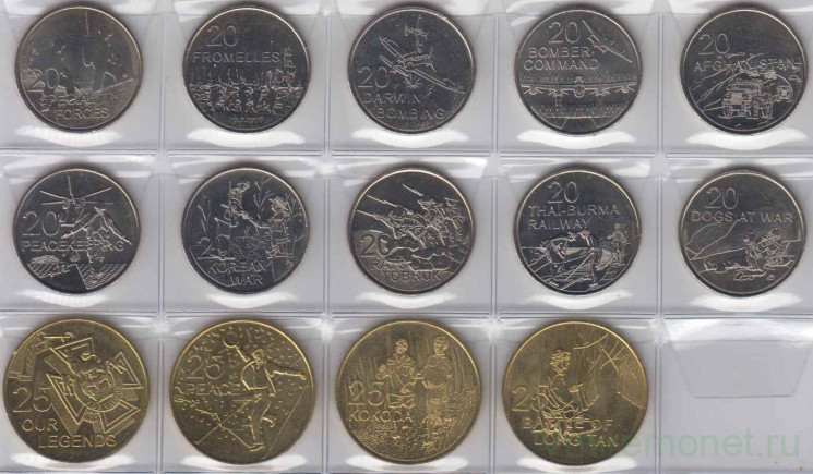 Монета. Австралия. Набор 14 штук. 20, 25 центов 2016 год. От АНЗАК до Афганистана.