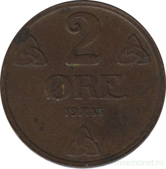 Монета. Норвегия. 2 эре 1935 год.