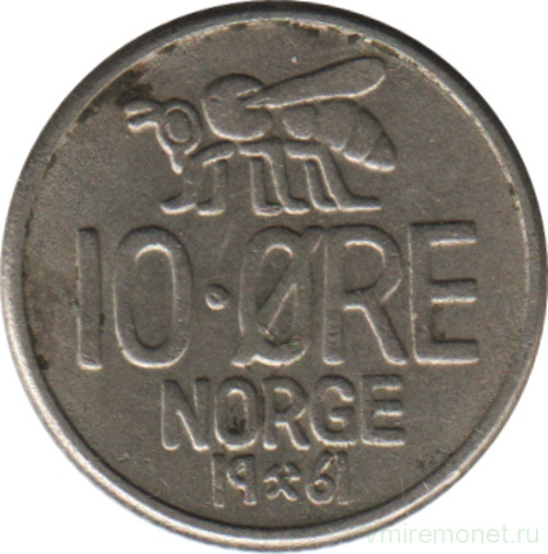 Монета. Норвегия. 10 эре 1961 год.