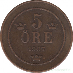 Монета. Швеция. 5 эре 1907 год.