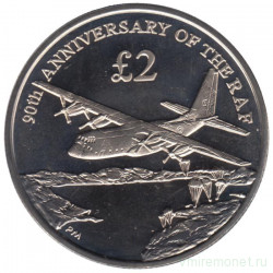 Монета. Великобритания. Южная Георгия и Южные Сэндвичевы острова. 2 фунта 2008 год. 90 лет Королевским ВВС.