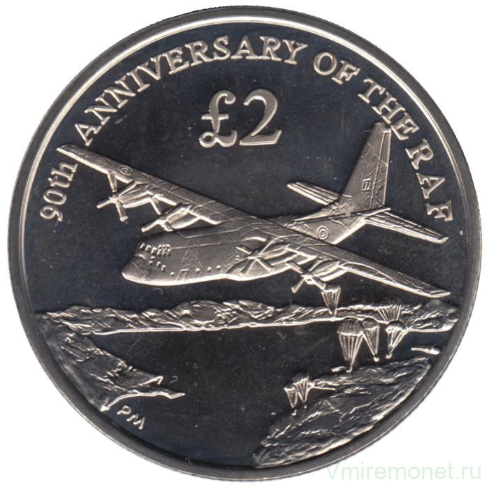 Монета. Великобритания. Южная Георгия и Южные Сэндвичевы острова. 2 фунта 2008 год. 90 лет Королевским ВВС.