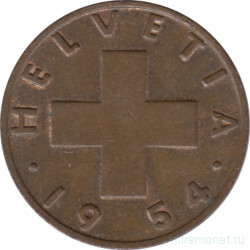Монета. Швейцария. 2 раппена 1954 год. 
