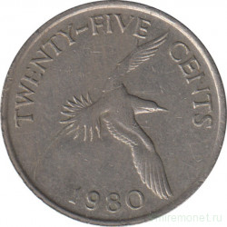Монета. Бермудские острова. 25 центов 1980 год.