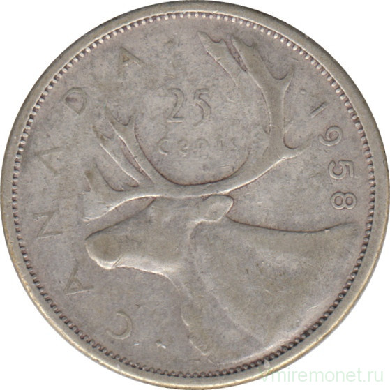 Монета. Канада. 25 центов 1958 год.