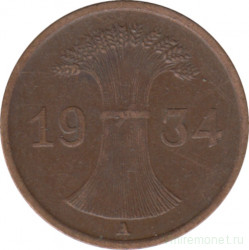 Монета. Германия. Веймарская республика. 1 рейхспфенниг 1934 год. Монетный двор - Берлин (А).