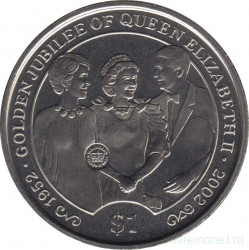 Монета. Великобритания. Британские Виргинские острова. 1 доллар 2002 год. 50 лет правления Королевы Елизаветы II. Елизавета, Рональд и Нэнси Рейган.