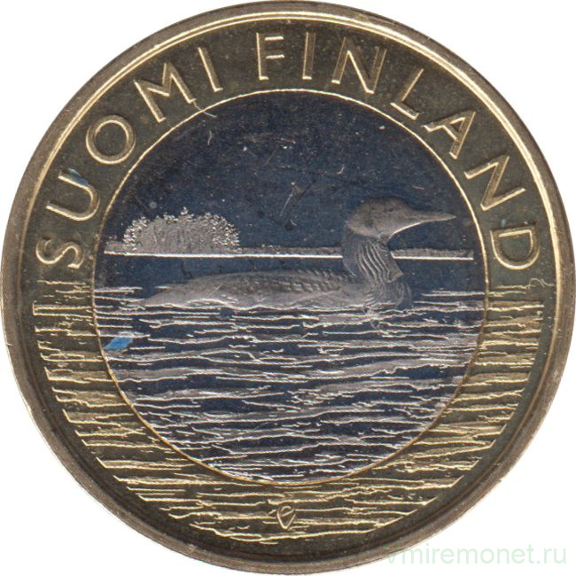 Монета. Финляндия. 5 евро 2014 год. Исторические регионы Финляндии. Животные, гагара. Савония.