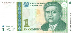 Банкнота. Таджикистан. 1 сомони 1999 год. Тип 14a (Желтый глобус). 