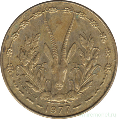 Монета. Западноафриканский экономический и валютный союз (ВСЕАО). 5 франков 1977 год.