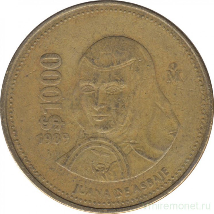 Монета. Мексика. 1000 песо 1989 год. Хуана де Асбахе.
