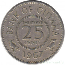 Монета. Гайана. 25 центов 1967 год. Герб на реверсе.