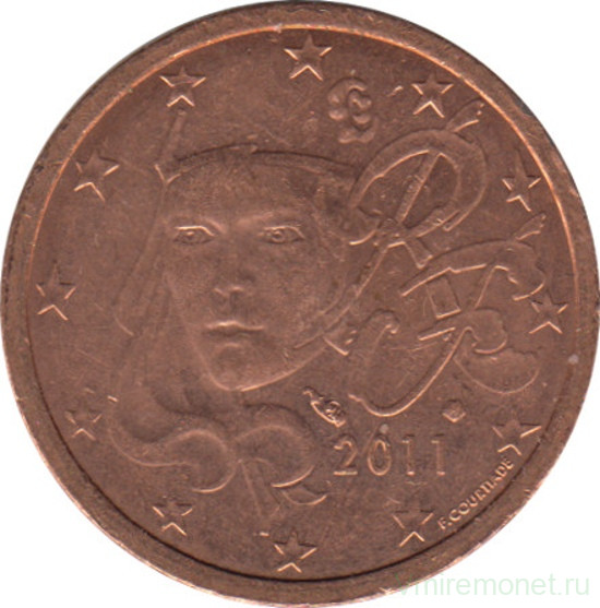 Монета. Франция. 2 цента 2011 год.