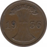 Монета. Германия. Веймарская республика. 2 рейхспфеннига 1936 год. Монетный двор - Штуттгарт (F). ав.