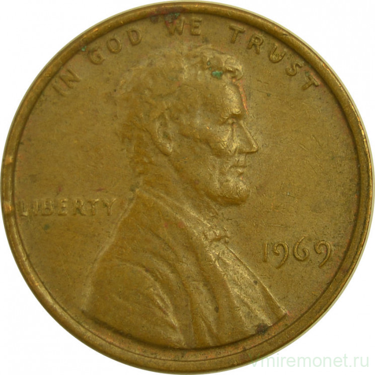Монета. США. 1 цент 1969 год.