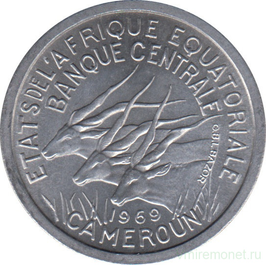 Монета. Экваториальная Африка (КФА). Камерун. 1 франк 1969 год.