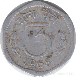 Монета. Индия. 3 пайса 1968 год.