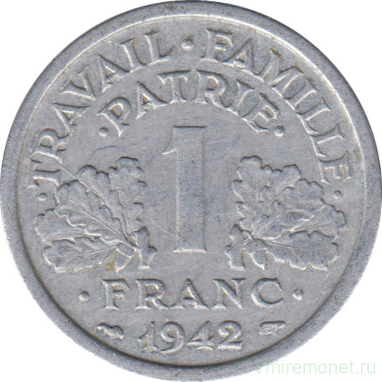 Монета. Франция. 1 франк 1942 год. Монетный двор - Париж. Правительство Виши.