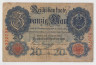 Банкнота. Германия. Германская империя (1871-1918). 20 марок 1910 год. Номер серии (шесть цифр и одна буква) - красный цвет. ав.