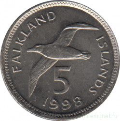 Монета. Фолклендские острова. 5 пенсов 1998 год.