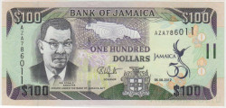 Банкнота. Ямайка. 100 долларов 2012 год. Золотой юбилей Ямайки 1962 - 2012. Тип 90.