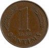 Аверс.Монета. Латвия. 1 сантим 1939 год.