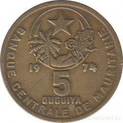 Монета. Мавритания. 5 угий 1974 год.