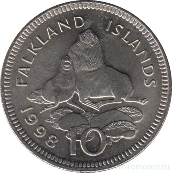 Монета. Фолклендские острова. 10 пенсов 1998 год.