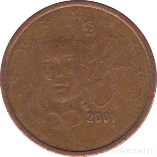 Монета. Франция. 2 цента 2001 год.