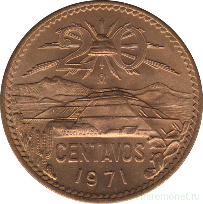 Монета. Мексика. 20 сентаво 1971 год.