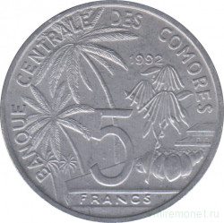Монета. Коморские острова. 5 франков 1992 год.
