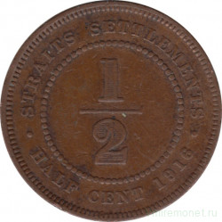 Монета. Стрейтс Сетлментс. 1/2 цента 1916 год.