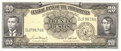 Банкнота. Филиппины. 20 песо 1949-1969 год. Тип 137d.