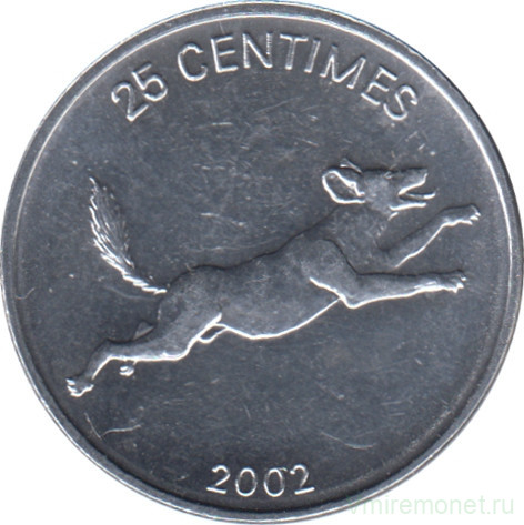 Монета. Конго. 25 сантимов 2002 год. Животные. Гиеновидная собака.