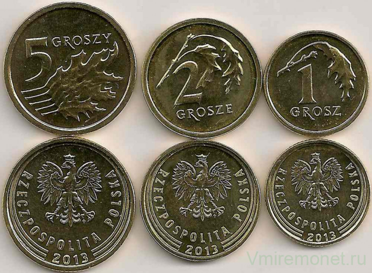 Монета. Польша. 1, 2 и 5 грошей 2013 год. Royal mint.