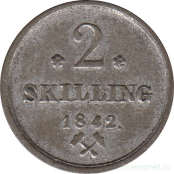 Монета. Норвегия. 2 скиллинга 1842 год.