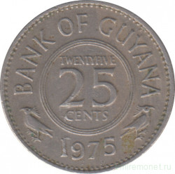 Монета. Гайана. 25 центов 1975 год. Герб на реверсе.