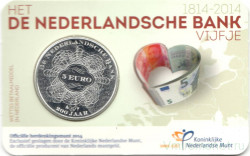Монета. Нидерланды. 5 евро 2014 год. 200 лет банку Нидерландов. Коинкарта.