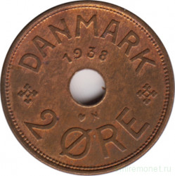 Монета. Дания. 2 эре 1938 год.