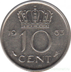 Монета. Нидерланды. 10 центов 1963 год.