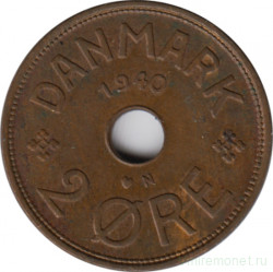 Монета. Дания. 2 эре 1940 год.