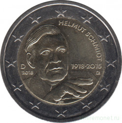Монета. Германия. 2 евро 2018 год. 100 лет со дня рождения Гельмута Шмидта (D). 