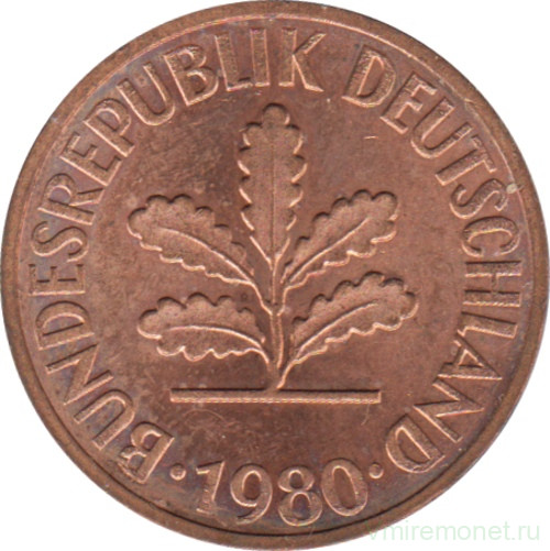 Монета. ФРГ. 2 пфеннига 1980 год. Монетный двор - Карлсруэ (G).