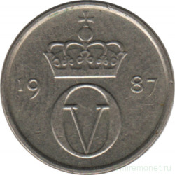 Монета. Норвегия. 10 эре 1987 год.