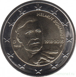 Монета. Германия. 2 евро 2018 год. 100 лет со дня рождения Гельмута Шмидта (F). 