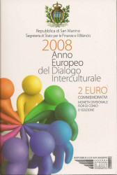 Монета. Сан-Марино. 2 евро 2008 год. Европейский год межкультурного диалога. Буклет, коинкарта.