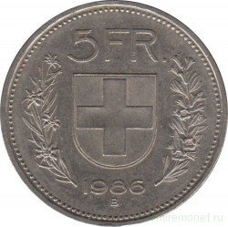 Монета. Швейцария. 5 франков 1986 год.