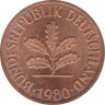  Монета. ФРГ. 2 пфеннига 1980 год. Монетный двор - Гамбург (J). ав.